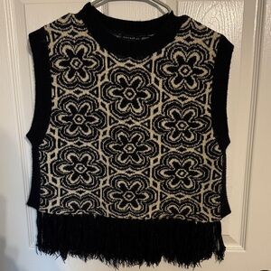 Black and Cream Sleeveless Knit Sweater with Fringe
